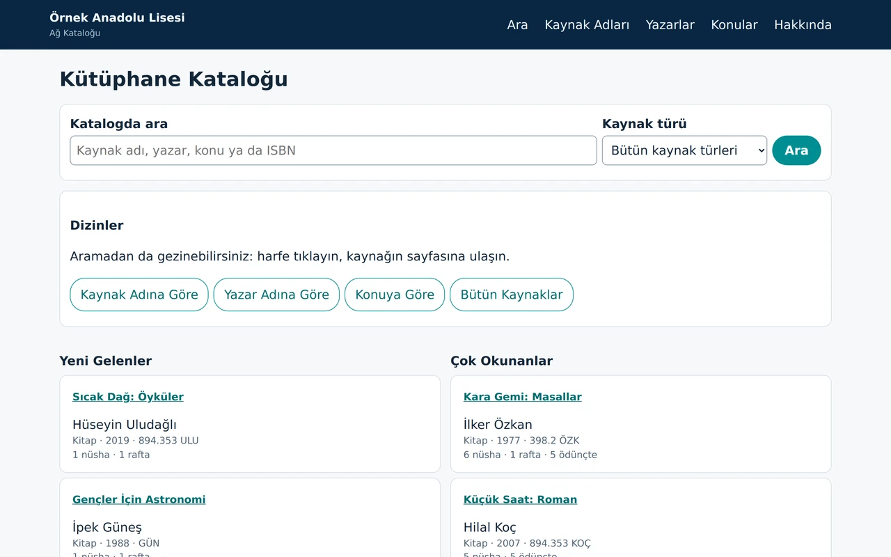 Ağ Kataloğu'nun tahtalar için büyük düzeni: katalog araması, kaynak adı, yazar ve konu dizinleri, yeni gelenler ve çok okunanlar.